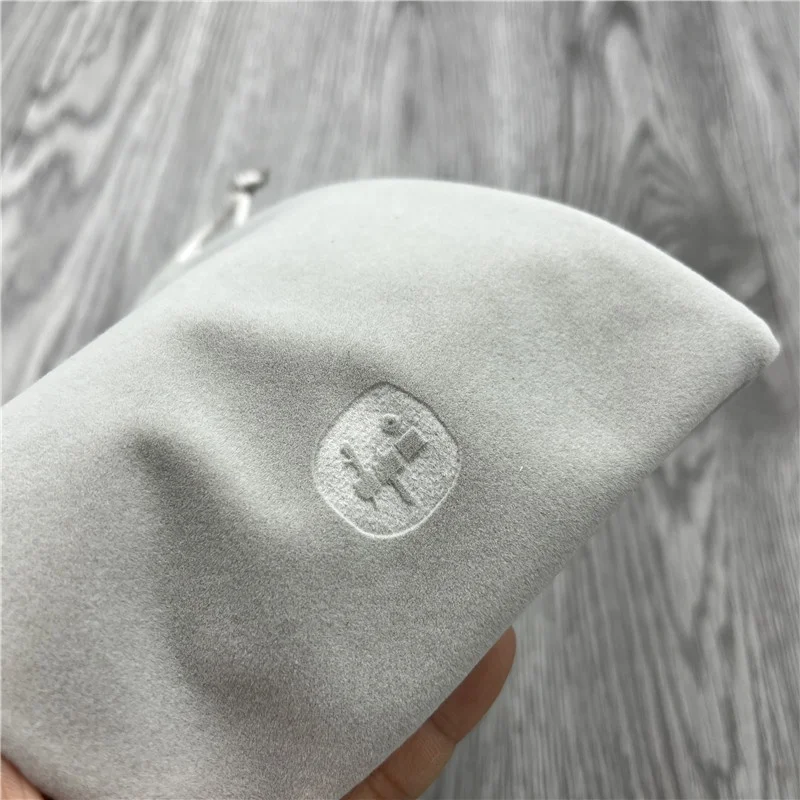 Wholesale luxury grey velvet drawstring jewelry bag with embossed logo for watch/eyewear