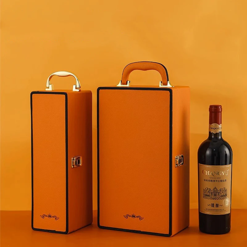 Luxury Custom LOGO Red Wine Portable Packaging Gift Box Leather New Wine Box With Handle Gift Wine Wood Box Portable
