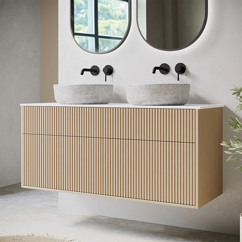 High end popular sanitary furniture solid wood double sink bathroom vanity cabinet