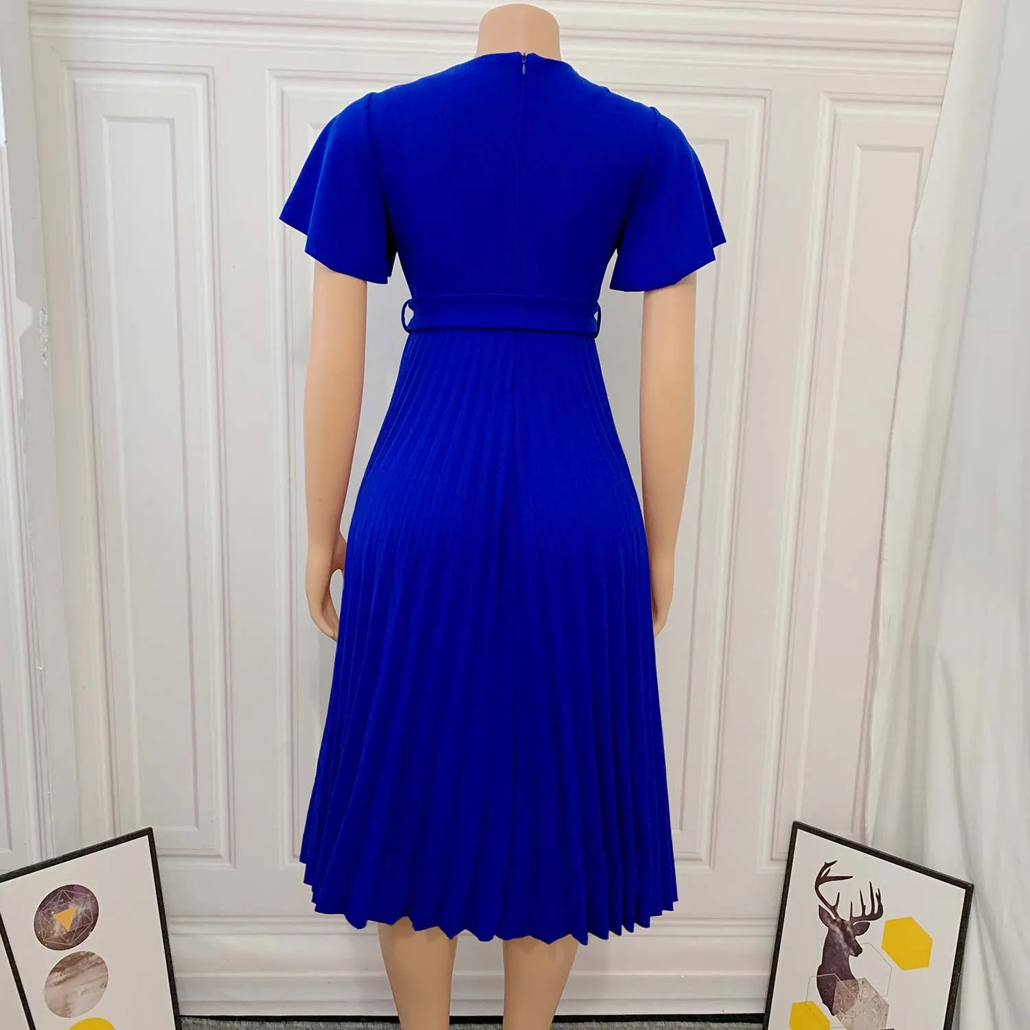 Wholesale Summer Plus Size V-Neck Lotus Sleeve Women Dress Fashion Casual Solid Color Belt Women Dresses