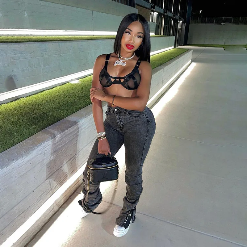 Весна-Осень 2022, Лидер продаж, индивидуальная уличная одежда, женские брюки с заниженной талией, длинные брюки из денима с разрезом и вилкой