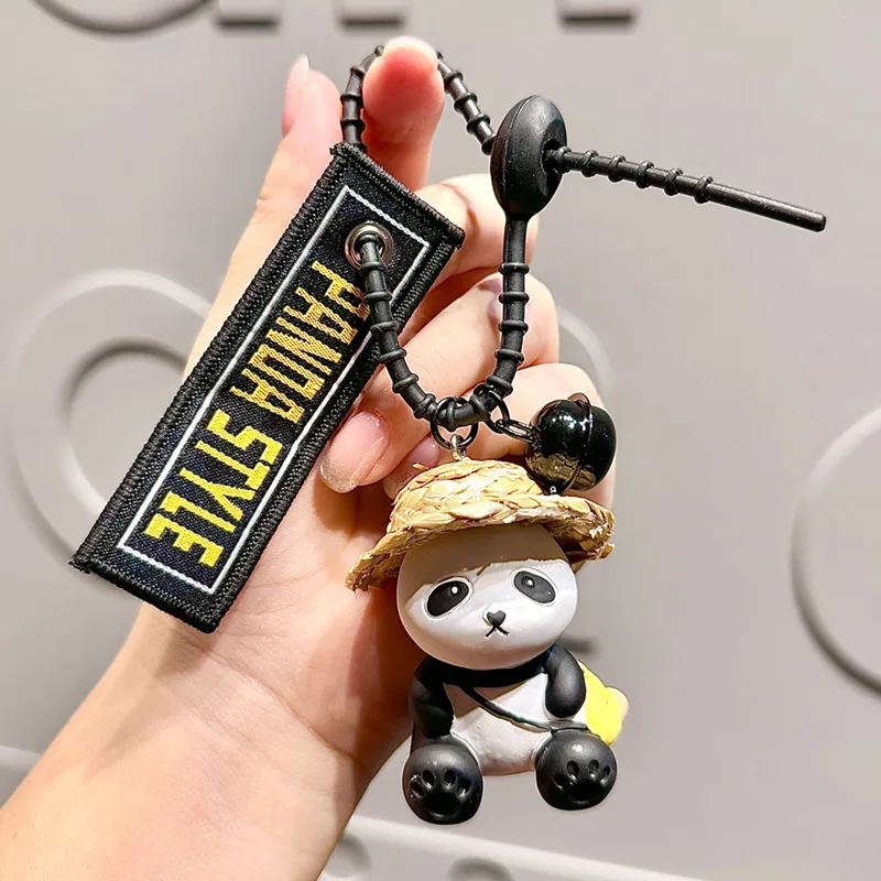 Straw Hat Panda Series Anti Loss Keyfob Bell Bag Pendant Cute Creative Cartoon Gift Keytag Kawaii Doll Keyholder For Students