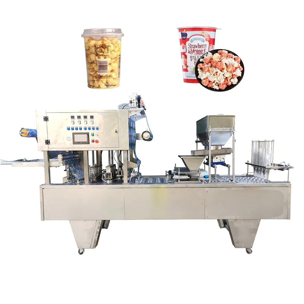 CE Approval Popcorn Potato Chips French Fries Plastic Paper Cup Automatic Filling And Sealing Machine Manufacturer