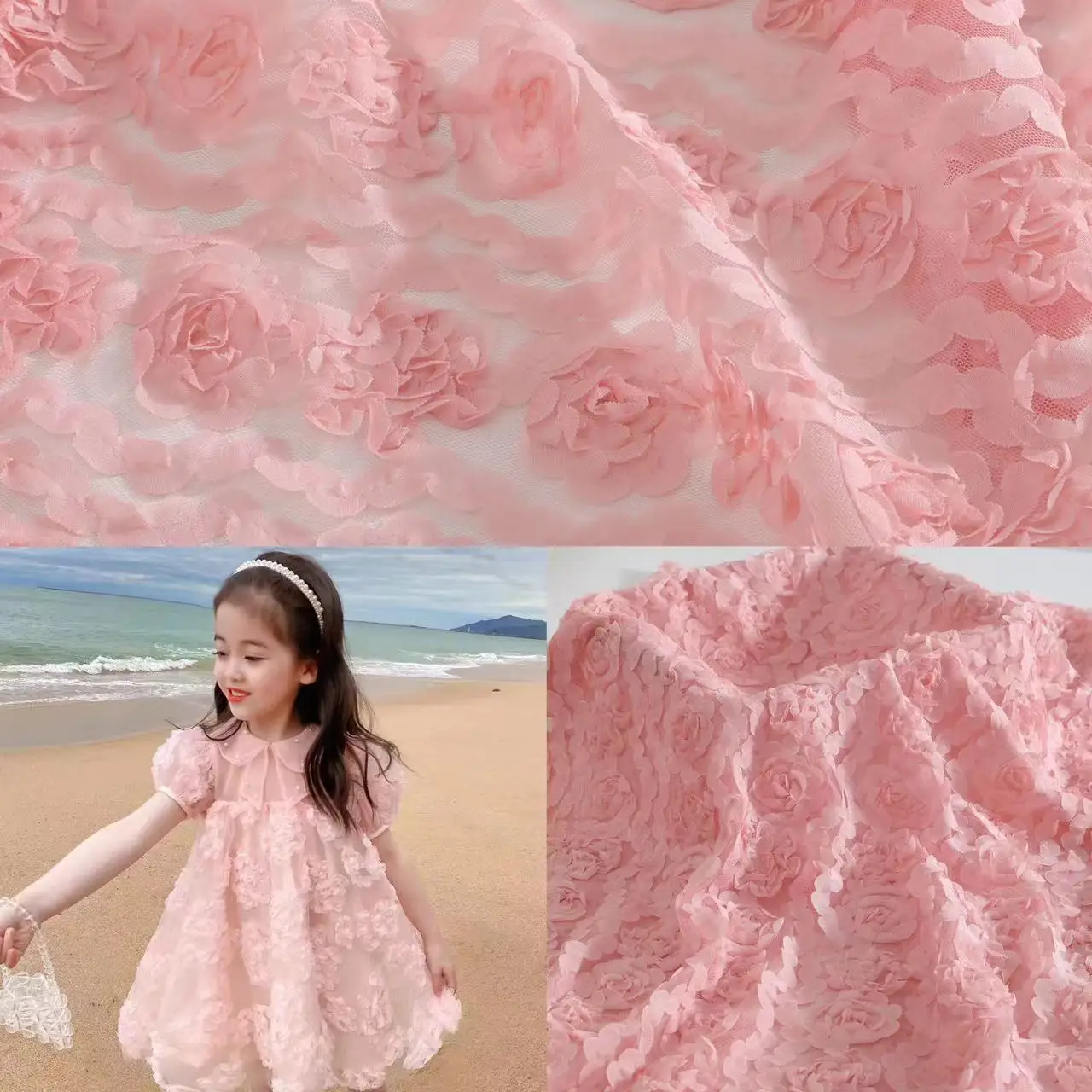 Factory Supply Wholesale Pink Lace Vintage 3d Rose Floral Pattern Embroidery Fabric Rosette Fabric For Wedding Dress