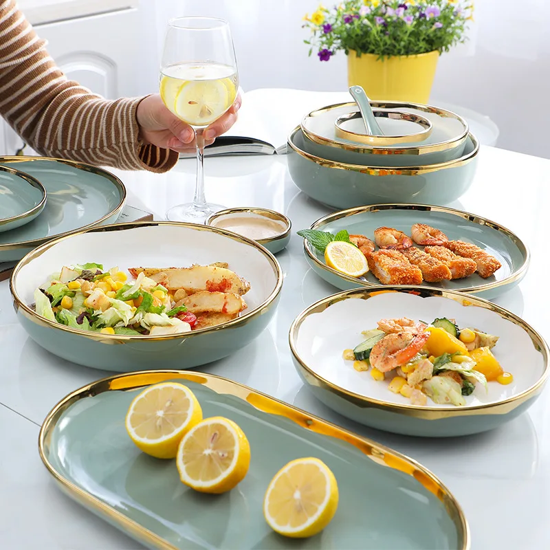 Nordic Household Tableware Gilt Edging Porcelain Plate Dish Rice Bowl Steak Plate Combination Light Green Simple Style