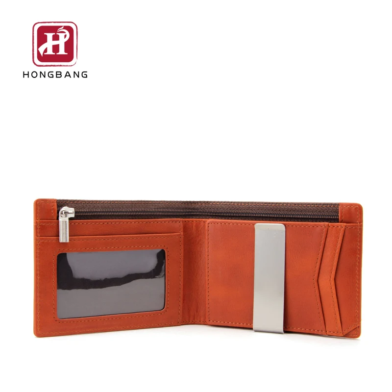 Wallet with money clip OEM customize zipper cash compartment leather wallet