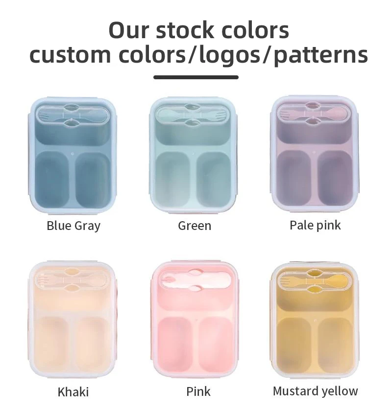 Custom Children Dinnerware Collapsible Lunch Box Silicone 3 Compartments Foldable Bento Box With Fork Spoon For Workers And Kids