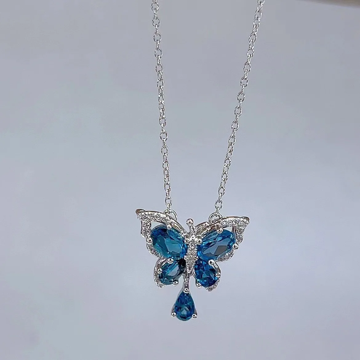 S925 SILVER RHODIUM PLATING SET WITH NATURAL TOPAZ LONDON BLUE NECKLACE