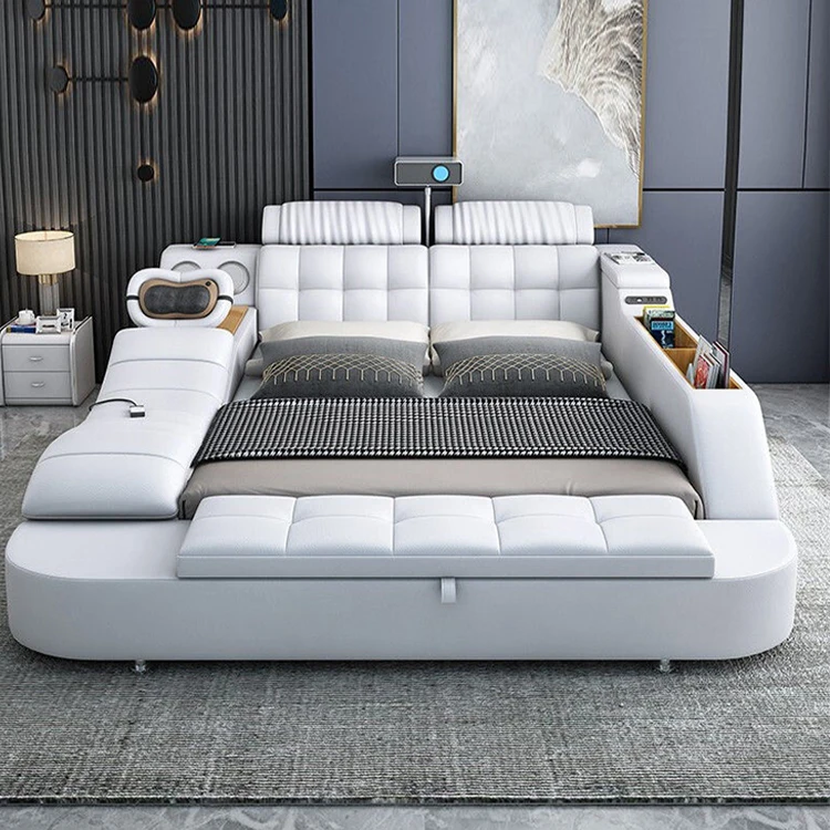 China modern top leather modern bed with computer soft table and projector