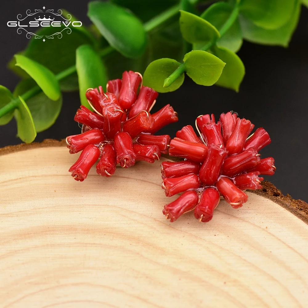 Handmade Natural Red Sea Bamboo Coral 925 Sterling Silver Stud Earrings For Women Wedding Party Luxury Jewellery