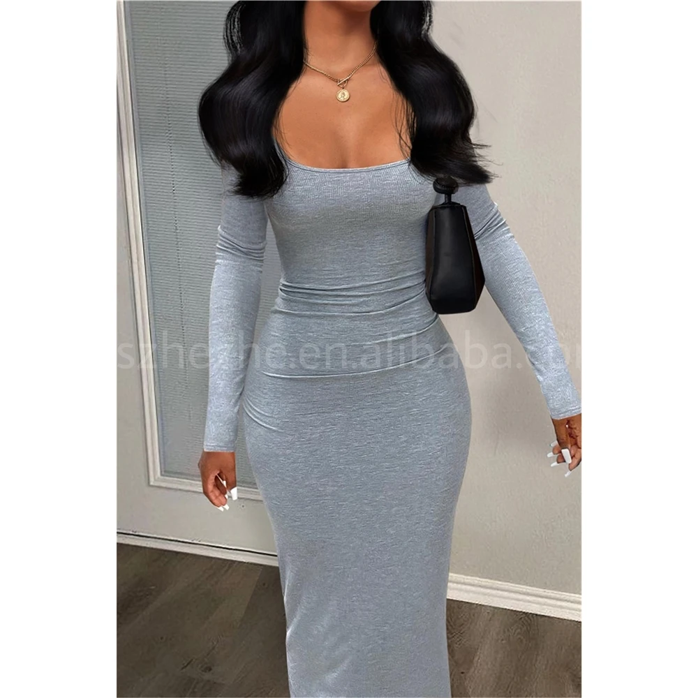 ZHEZHE Women Long Dresses with Long Sleeve Ribbed Square Neck Dress Autumn Party Club Xs Bodycon Dress