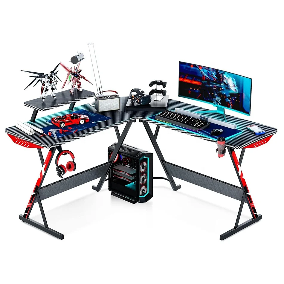 L Shaped Gaming Desk Gaming Computer Desk L Shape with Carbon Fiber Surface Gamer Desk Gaming Table with Monitor Shelf