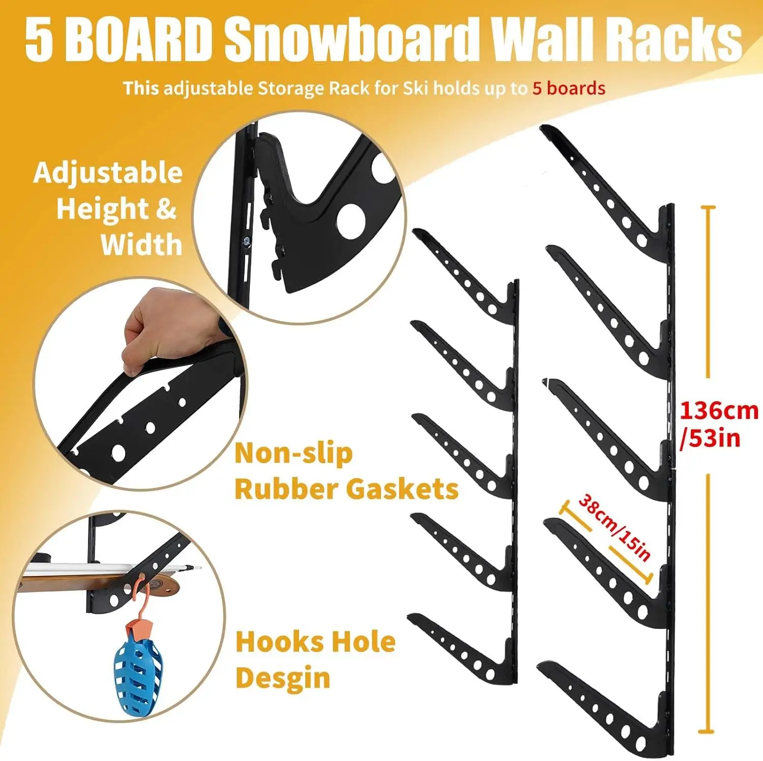 Adjustable Storage Rack for Ski Surfboard Wakeboard Snowboard-Black Wall Mount Display 5 Board Capacity