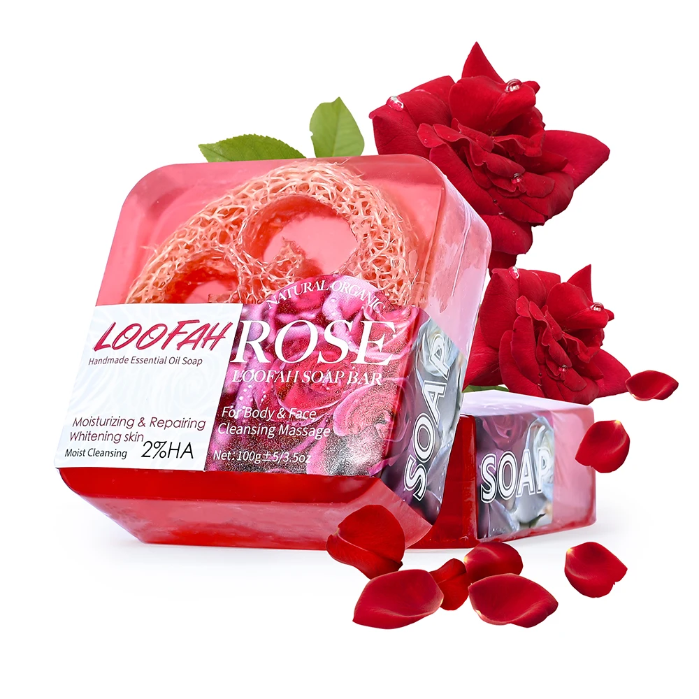 100g Natural Organic Rose Silk Gourd Network Oil Soap Lemon Whitening Face Body Wash Bar Loofah Soap Customized Labels