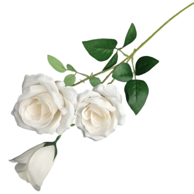 Wholesale Natural Looking Real Touch 3 Heads White Artificial Rose Bouquet Flower Wedding Bridal