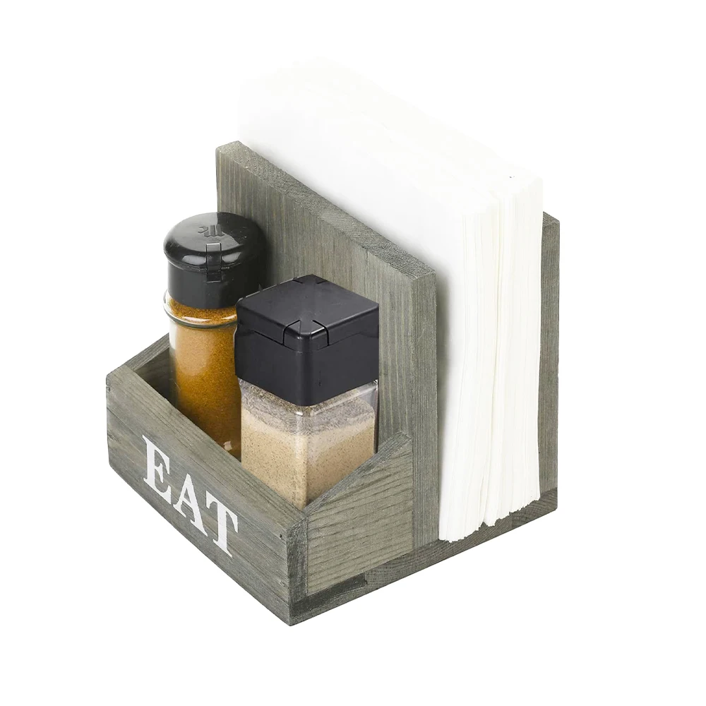 Vintage Solid Wood Napkin and Salt and Pepper Shaker Caddy, 2 Compartment Napkin Holder and Condiment Server