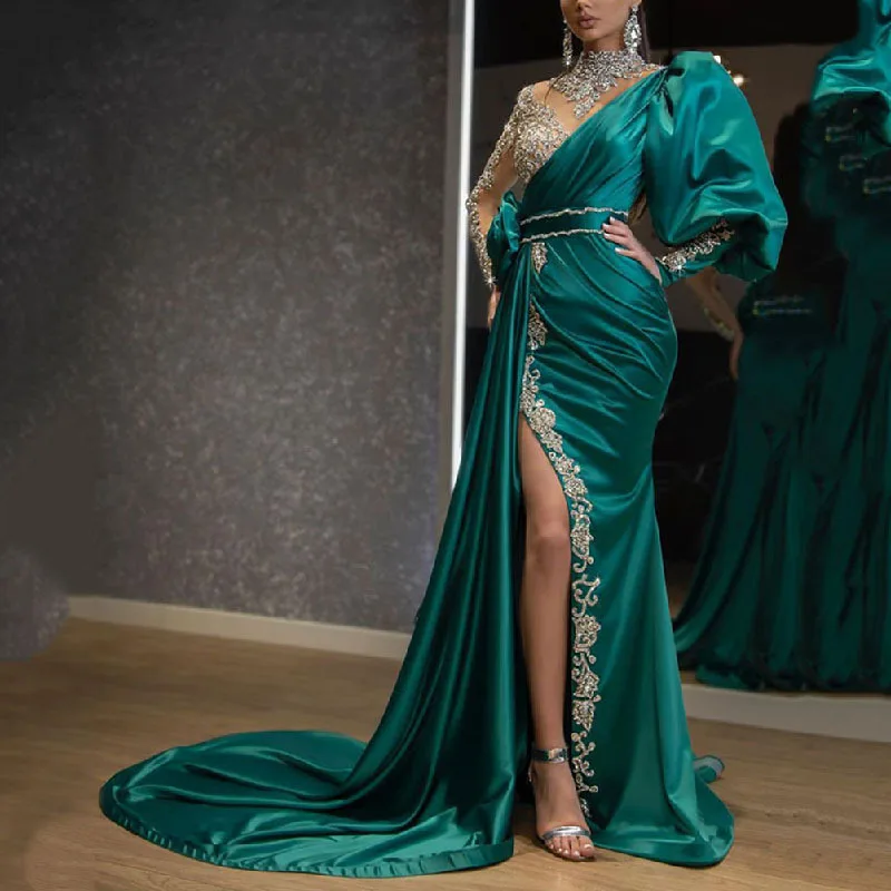 Green sequins trumpet/mermaid evening dress party noble woman full sleeves long prom dresses