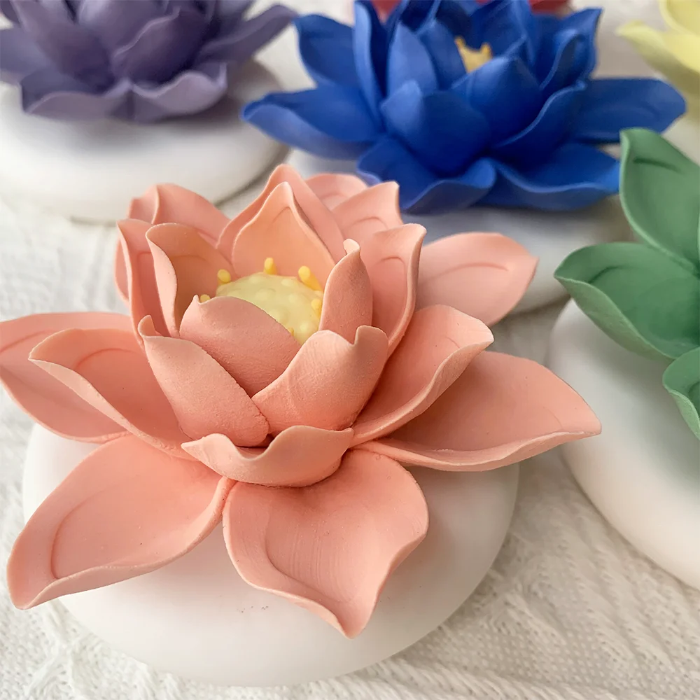 High quality blue lotus flower shape ceramic aroma stone diffuser with wooden base