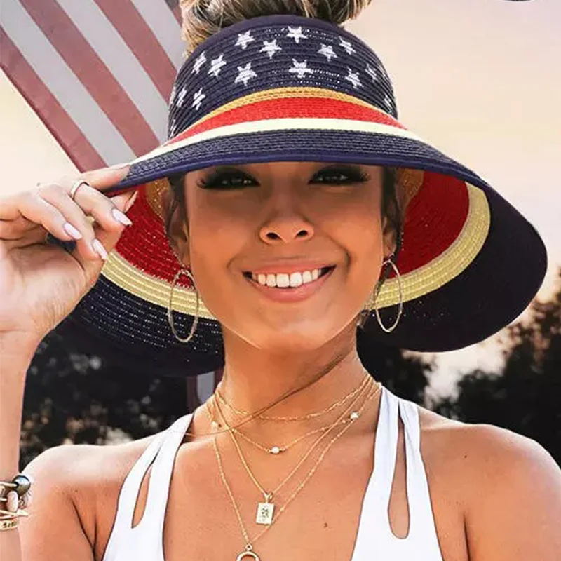 High Quality 2022 Summer Star Print Striped Color Block Foldable Visor Panama Straw Boater Beach Hat