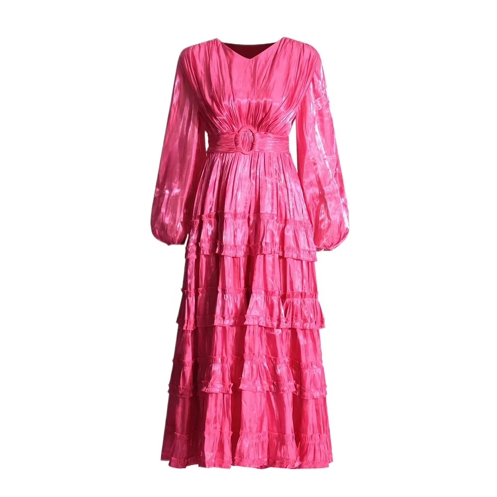 Solid Patchwork Belt Elegant Dresses For Women Round Neck Puff Sleeve High Waist Temperament Tunic Dress Female New