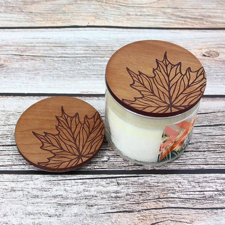 Vietnam hot selling mdf glass candle lid brown color lasering leaf round wooden lid OEM size and shape sealed wood lid