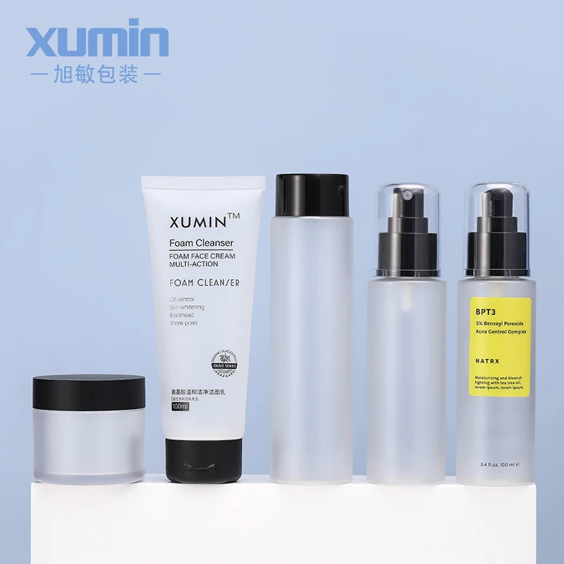 Cosmetic Skincare Empty Frosted 100/200ml Pet Plastic Pump Spray Bottle Set For Frosted Lotion Bottle Set Cream 50ml Jars