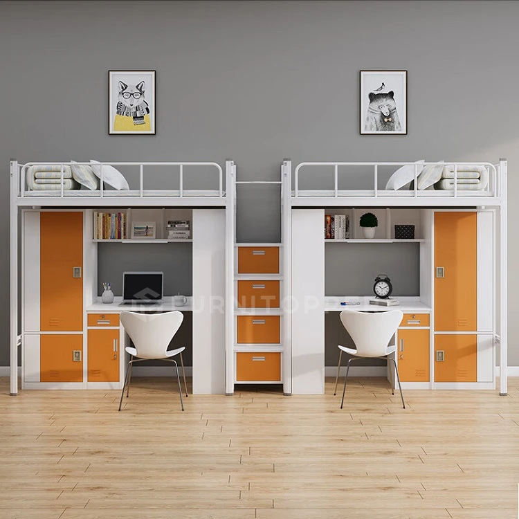 Twin Platforms Steel Loft Bed Metal Bunk Bed With Built-In Desk For Dormitory Bedroom Boys Girls Adults