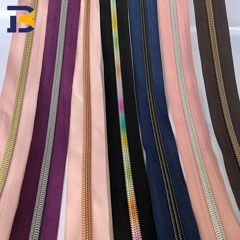 Manufacturer Wholesale Rainbow Zipper Tape #3 Gold Teeth Long Chain Nylon Zippers In Bulk