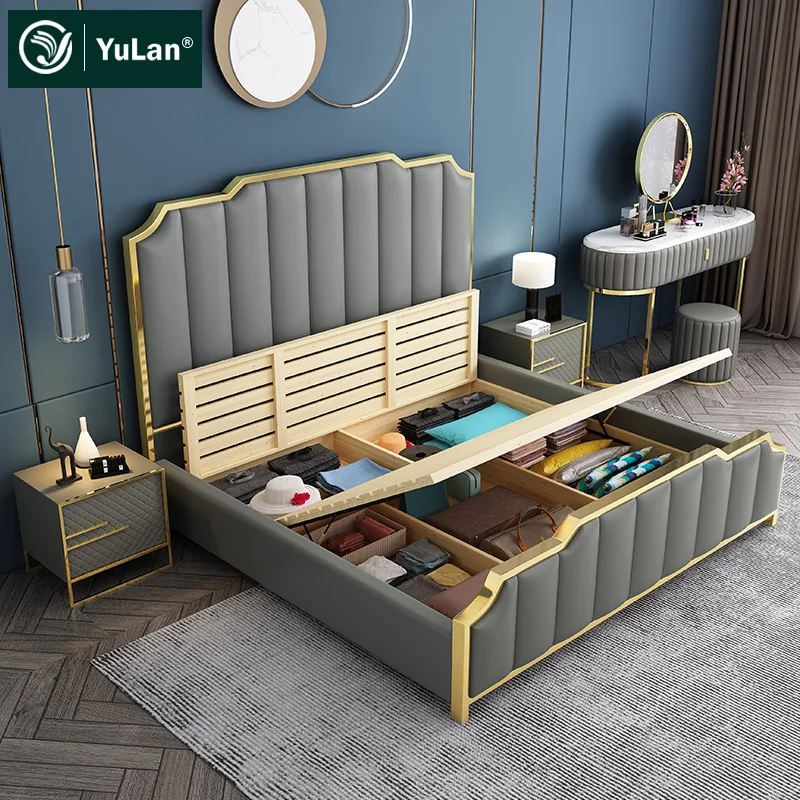 Italian Designer Modern Soft Bed Wooden Blue Grey Velvet Double Queen King Size Round Storage Bed