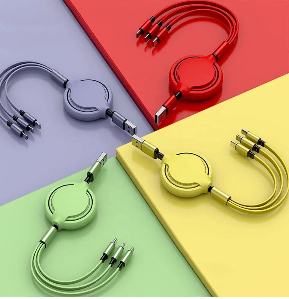 Candy Color Custom Logo Universal QC3.0 Retractable 3 in 1 USB Quick Charging Charger Cable