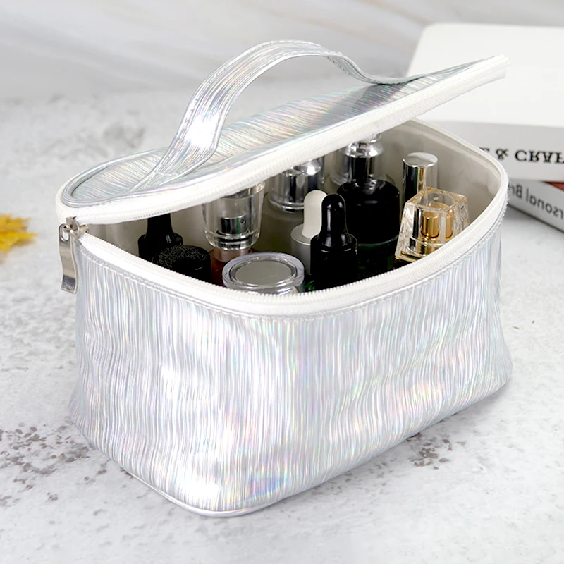 Пользовательский логотип Портативный Макияж сумка серебристый лазер PU дорожные туалетные принадлежности сумка для женщин