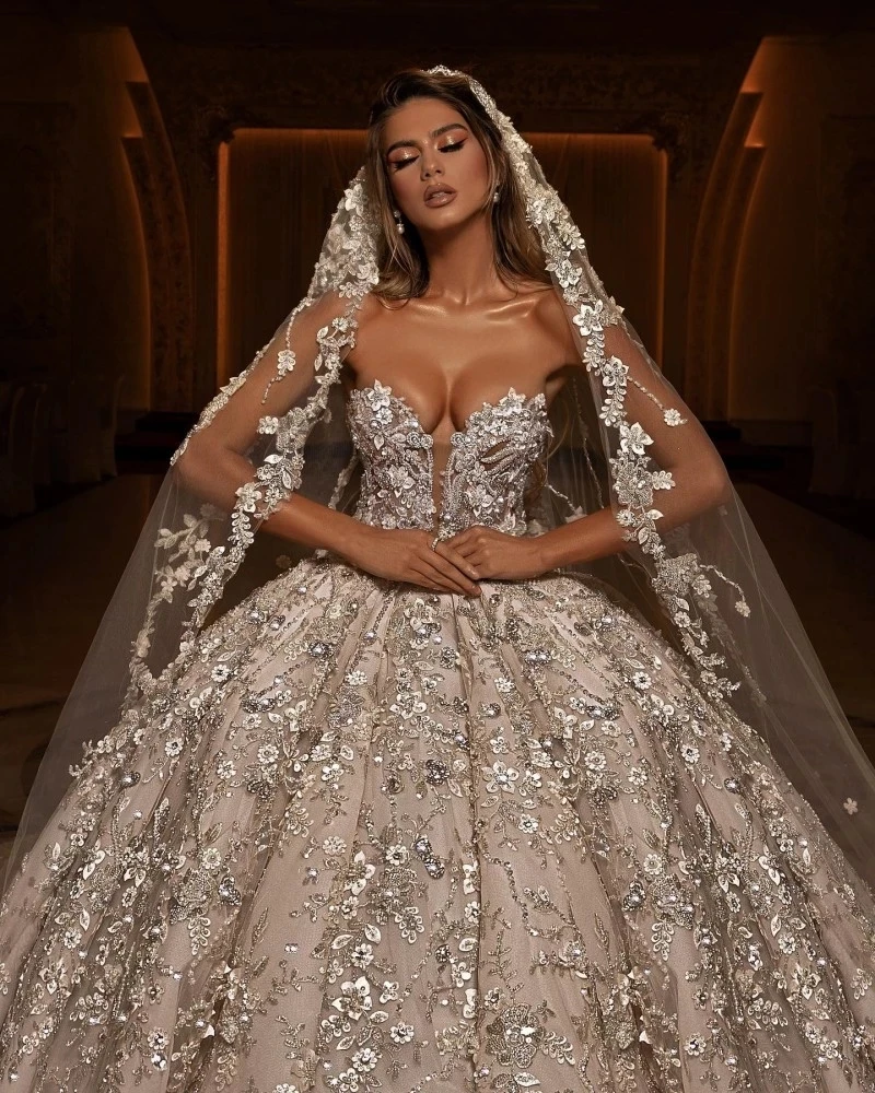 Royal Princess Wedding Dresses 3D Floral Appliques Sweetheart Puffy Bridal Gowns 2023 Beaded vestidos de la celebridad