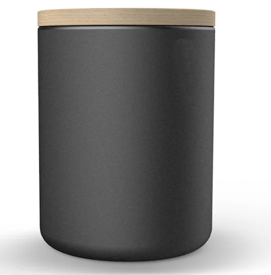 Deluxe black matt coating metal canister with airtight wood bamboo lid