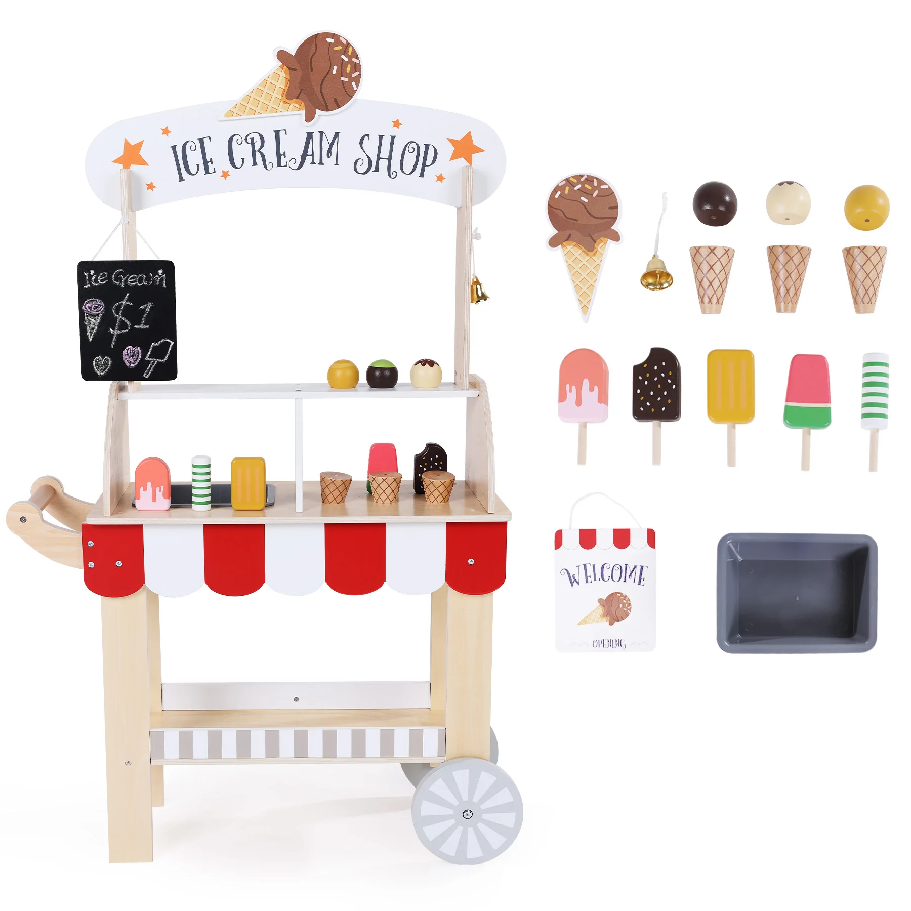 Hot Sale Customer Satisfied Wooden Ice Cream Sales Stand Ice Cream Cart Toy Wooden Ice Cream Dessert Stand For Kids