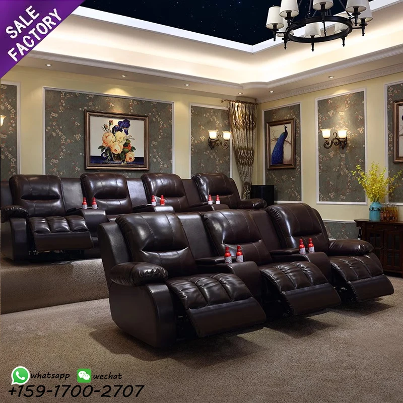 Modern Luxury Double Recliner Sofa USB Commercial Metal Synthetic Leather Factory Coffee Cinema Function Modern Double de Cuero