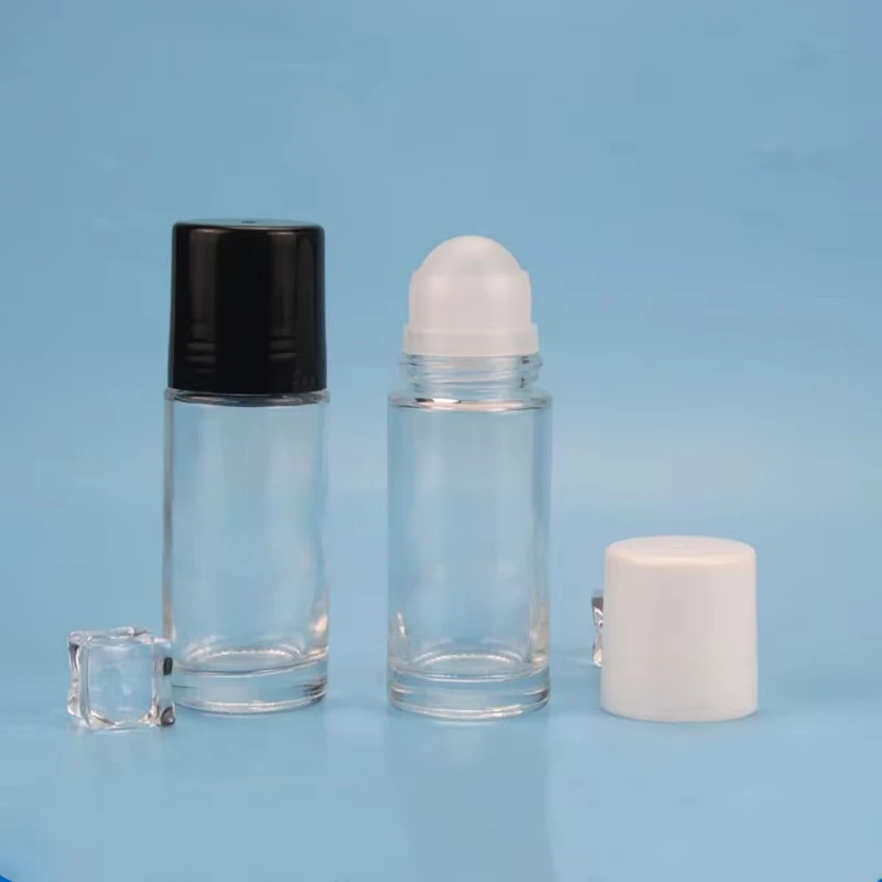 Wholesale empty 30ml 50ml 1oz clear essential oil plastic roller bottle deodorant glass roll on bottle with white black cap