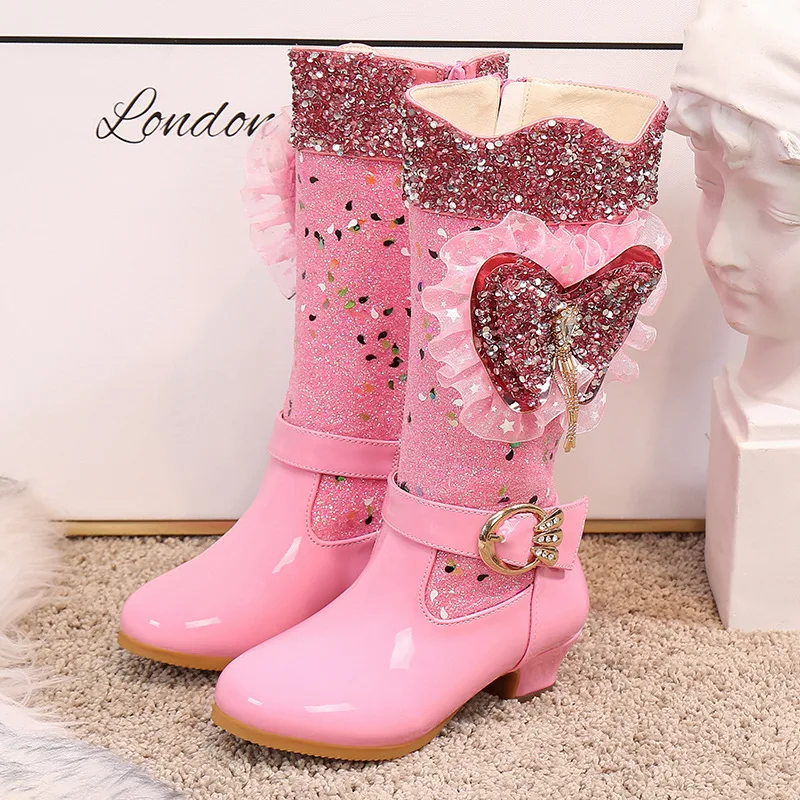 
Girls Plush Winter Fashionable Princess High Snow Boots Children High-heeled Shoes 