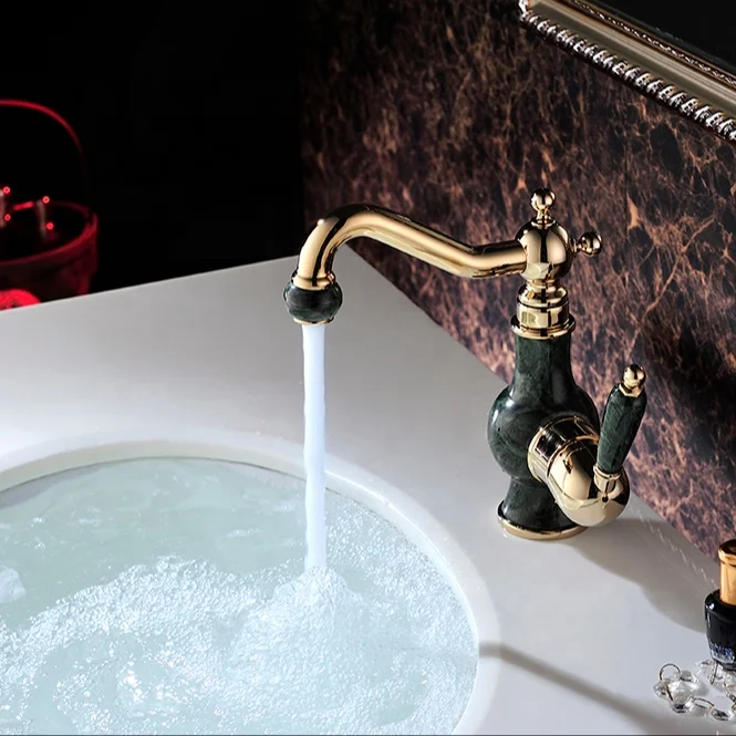 Classical luxury High Quality Bathroom Antique Brass dark green Basin Faucet Marble Decorated Basin Mixer Tap