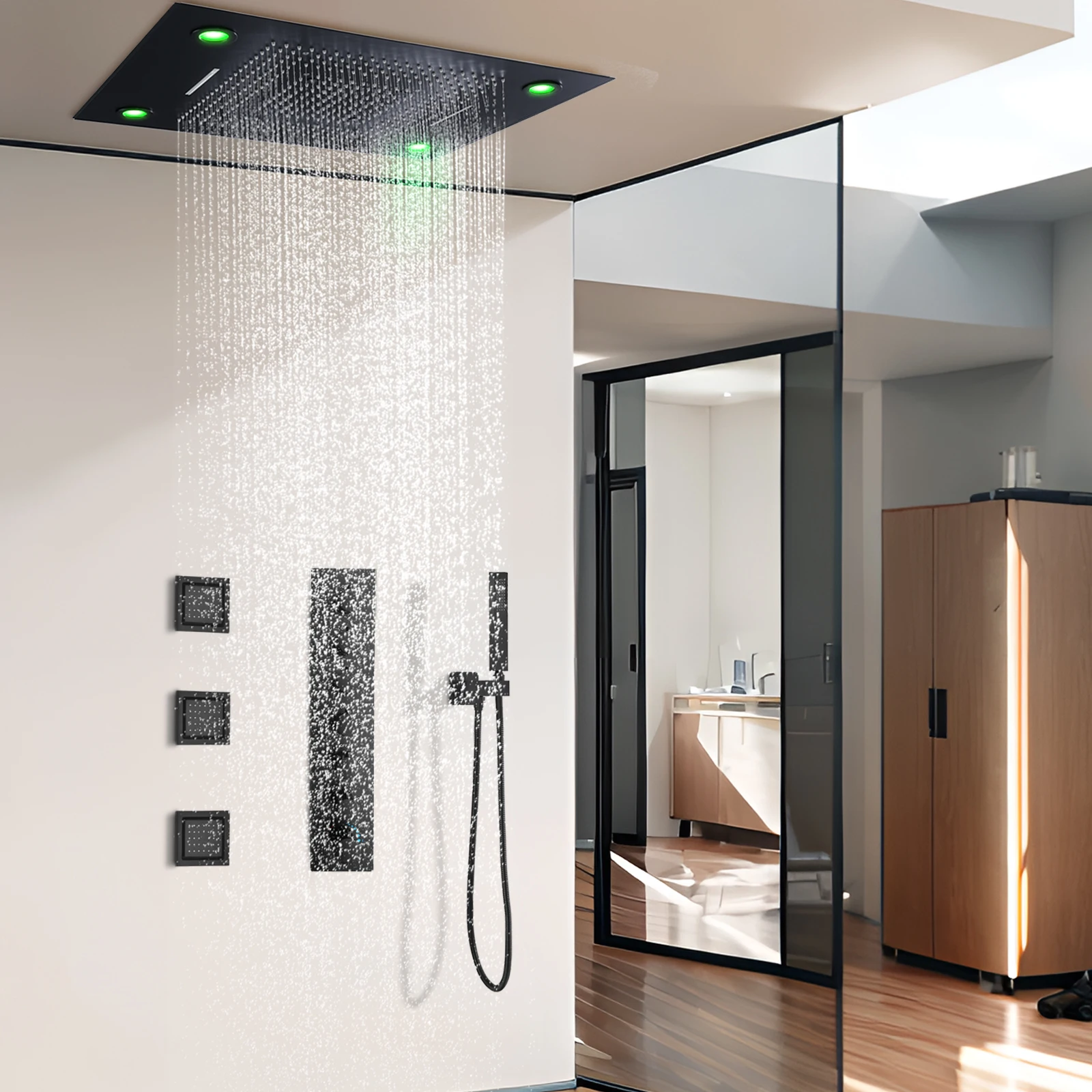 24x32inch Luxury Black Ceiling Mount LED Rainfall Double Rain Shower Heads Bathroom Thermostatic Shower System Fixtures Set