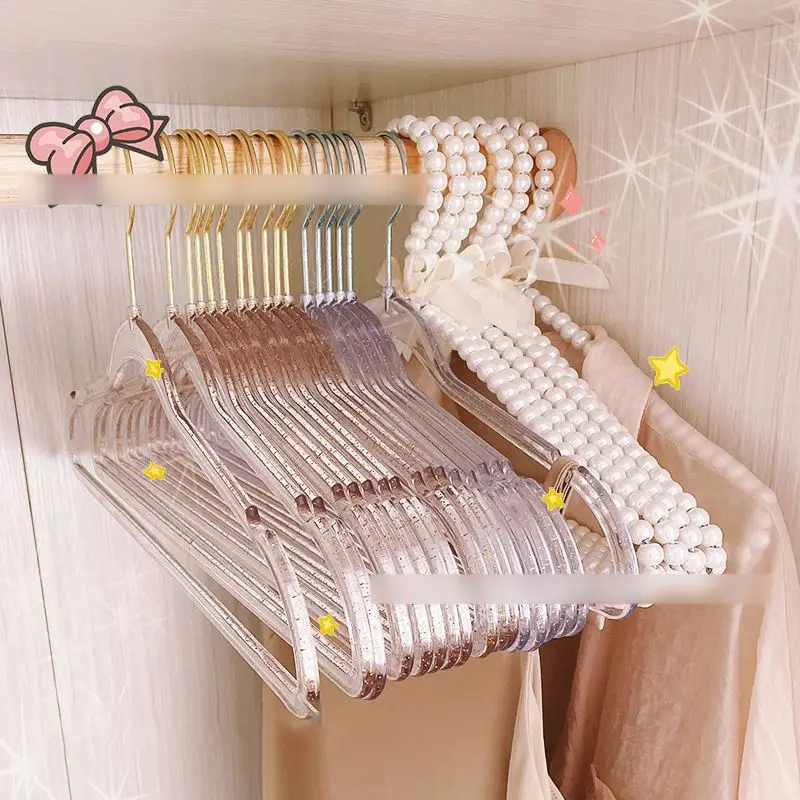 DS962 Custom Plastic Transparent Coat Hangers Non-Slip Space Saving Suit Hangers Glitter Acrylic Gold Powder Pearl Hanger