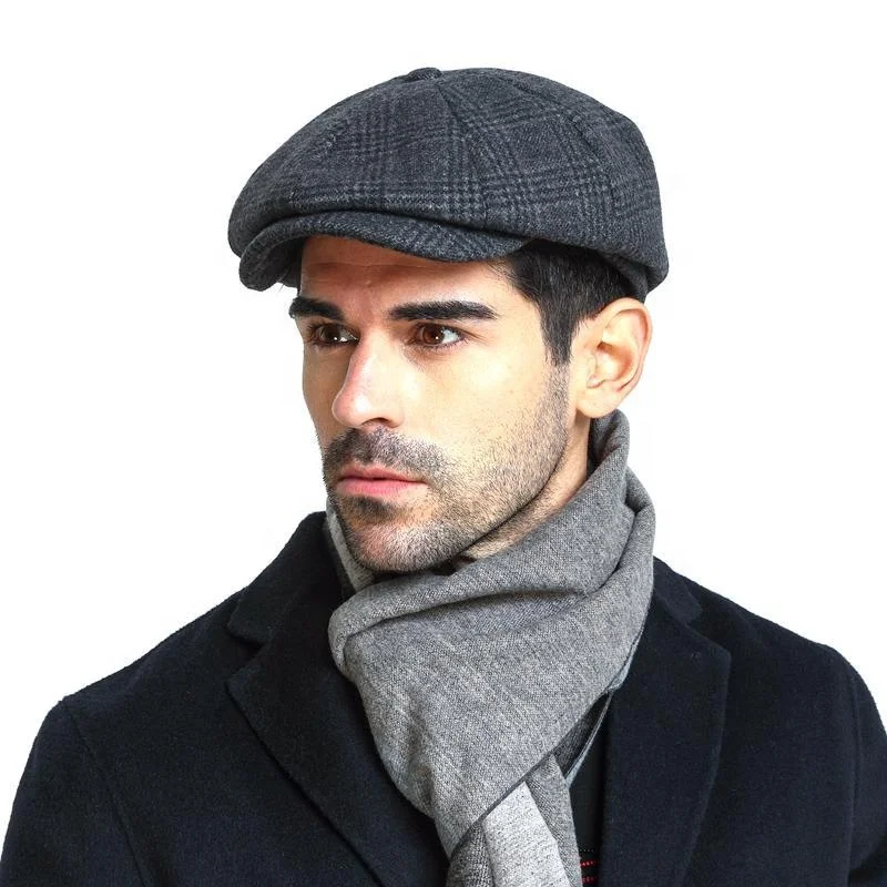 Men Wearing Black Grey Wool Fabric Irish Beanie Beret Cap Ivy Newsboy Hat