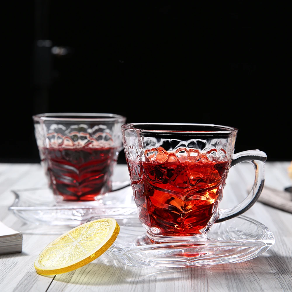 Simple Design Decorative Glass Cup Saucer Set With Pattern Handles Drinking Coffee Cup With Saucer