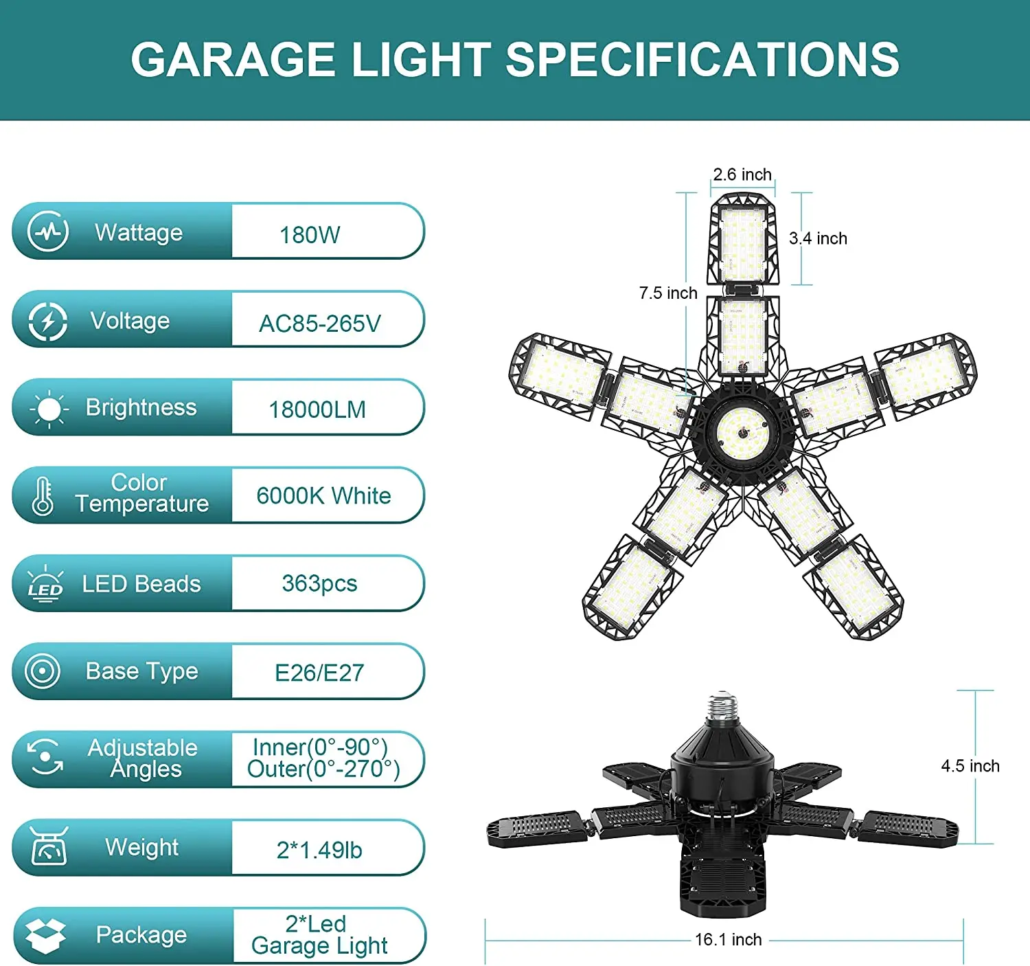 lumiere de garage ler 8000lumen,shop light 8 feet led fixture,5 panel deformable ufo led garage light 6500 lm 4 adjustable