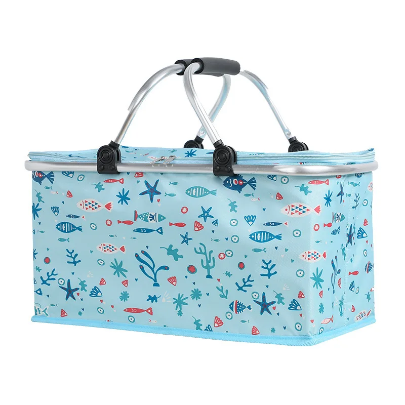 Outdoor large-capacity folding picnic basket Oxford cloth insulation basket multifunctional picnic bag aluminum foil ice basket