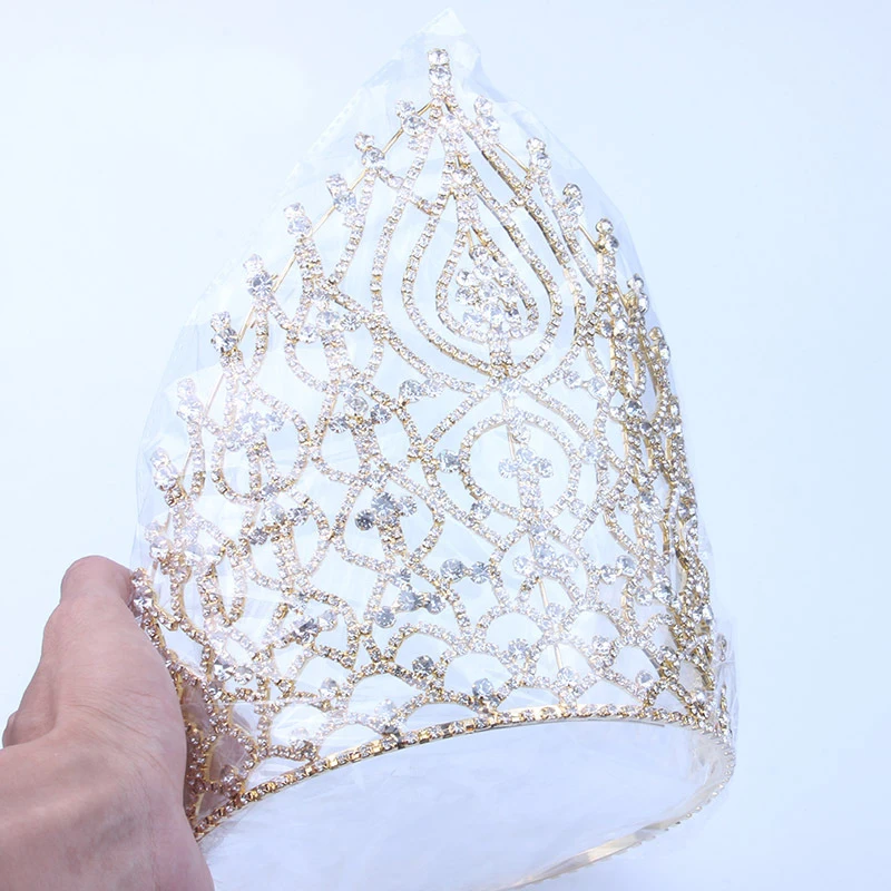 High Quality Cup Chain Welded Rhinestone Tall Pageant Tiara Crown Wedding Tall Pageant Crown for Party