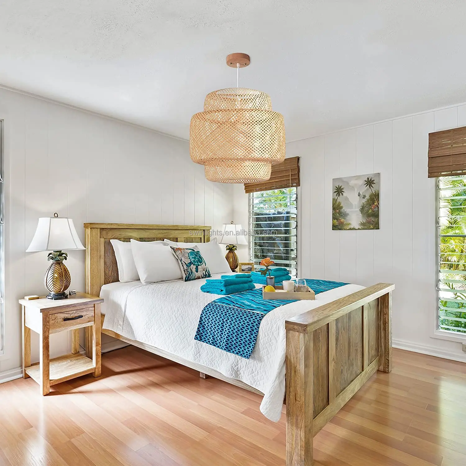 Hand woven bamboo chandelier natural rattan basket lamp Beige bamboo pendant light kitchen island lighting