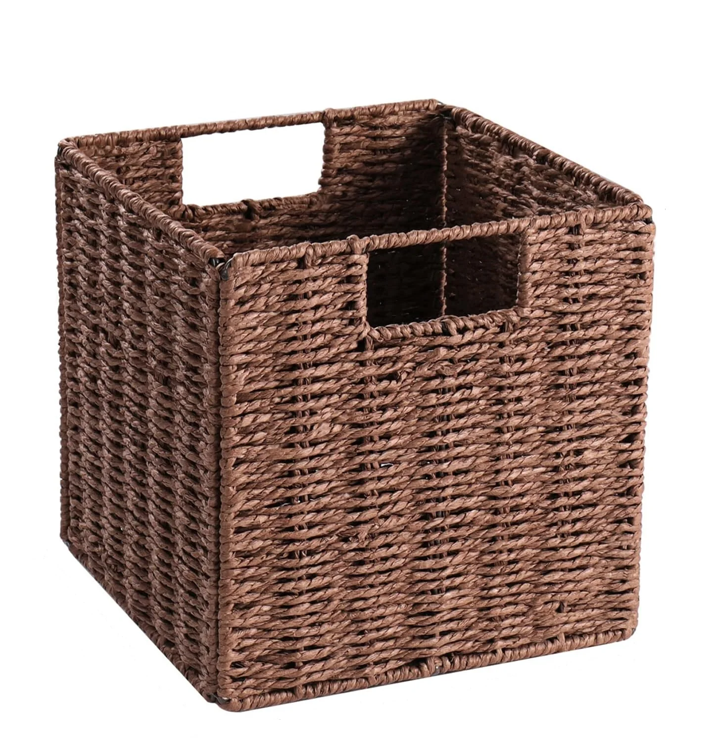 Huangtu Multipurpose Brown Wicker Storage Baskets with Handles Foldable Cube Storage Basket Organizer for Pantry Bedroom Decor