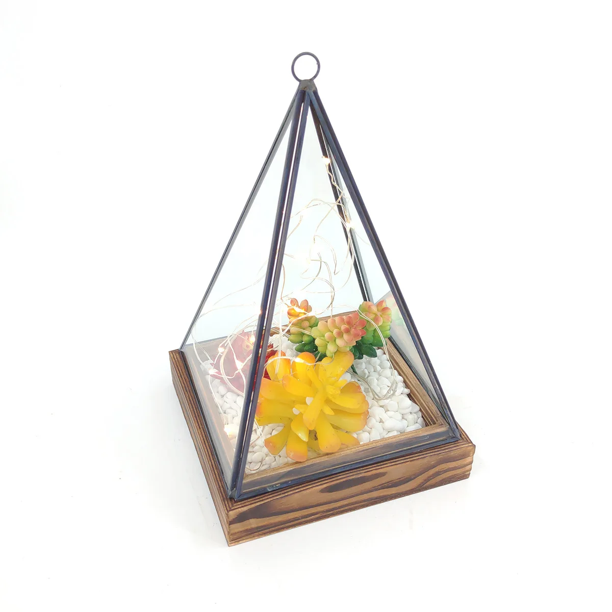 Geometric triangle clear glass indoor succulent plants hanging container terrarium decor with wood base for sale (1600541178398)