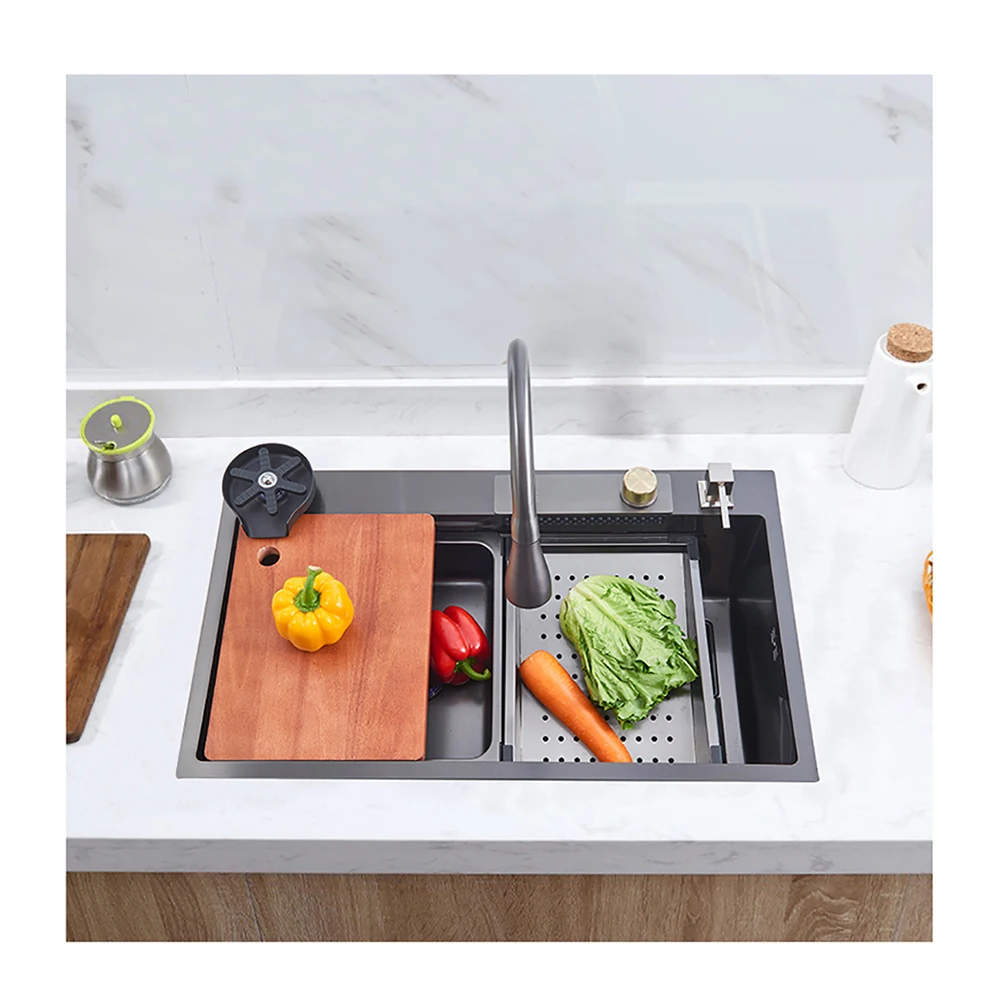 Кухонная раковина ручной работы с аксессуарами из нержавеющей стали 304 Роскошный Матовый Черный 1 шт. Современный полированный кухонный кран 0,8 мм