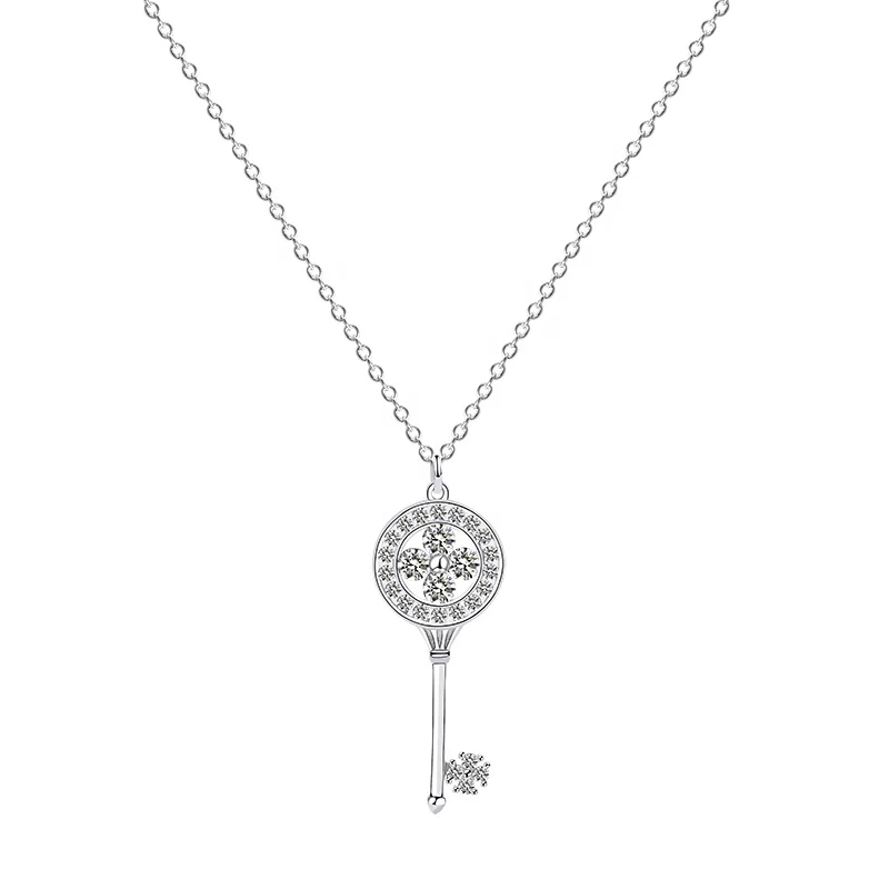 Fashion 925 Sterling Silver Pave Zircon Necklace Jewelry Women White Gold Plated Key Pendant Necklace